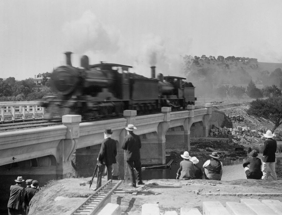 2 Steam locomotives coupled together crossing the Hindmarsh River Bridge This photo didn't load properly for your system